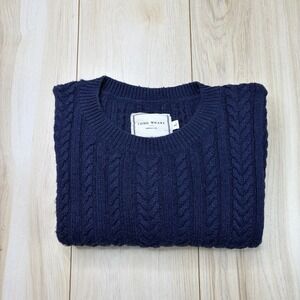 Long Wharf Supply Co. Men's Wool Cable Knit Crew Neck Sweater Navy Blue Large